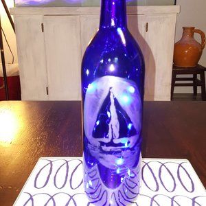 Sail Boat in the moon light etch bottle cobalt